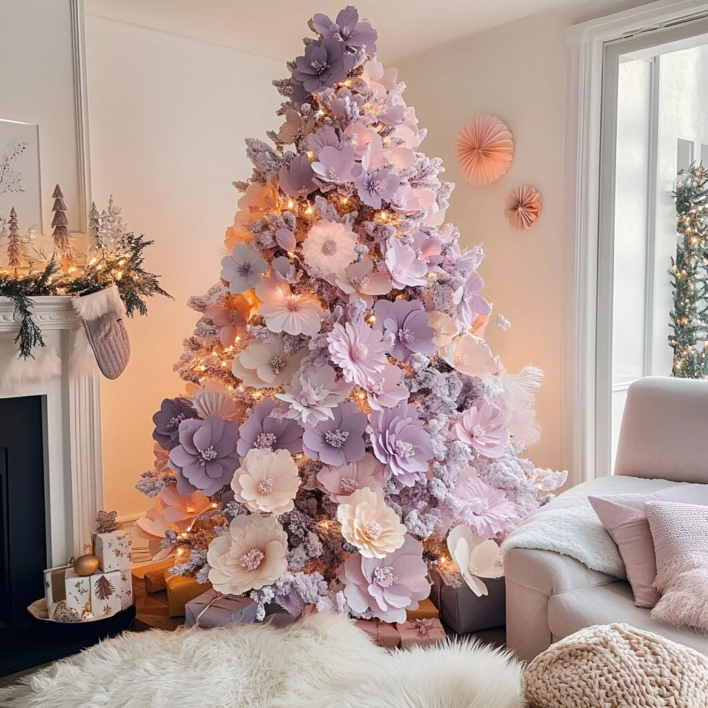 10. Pastel Floral Christmas Tree with Pink and Lavender Blossoms