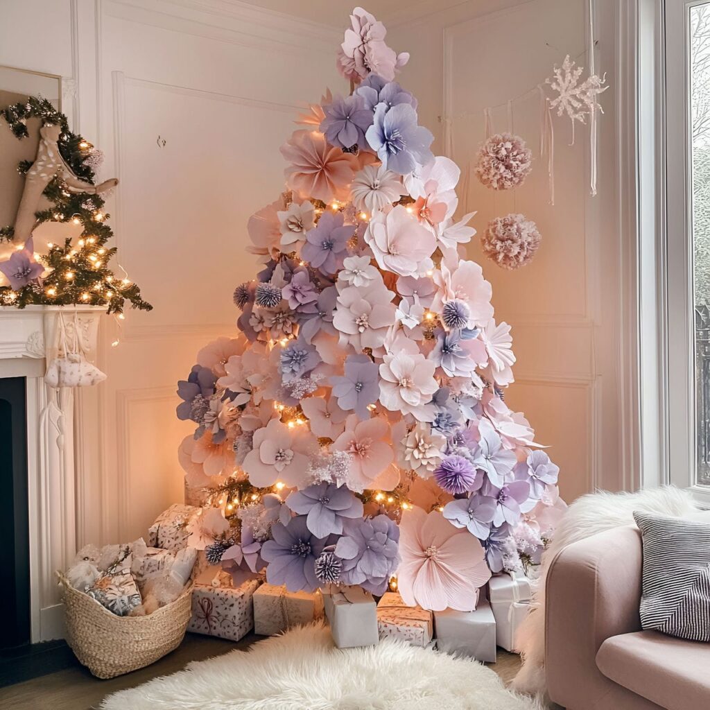 10. Pastel Floral Christmas Tree with Pink and Lavender Blossoms