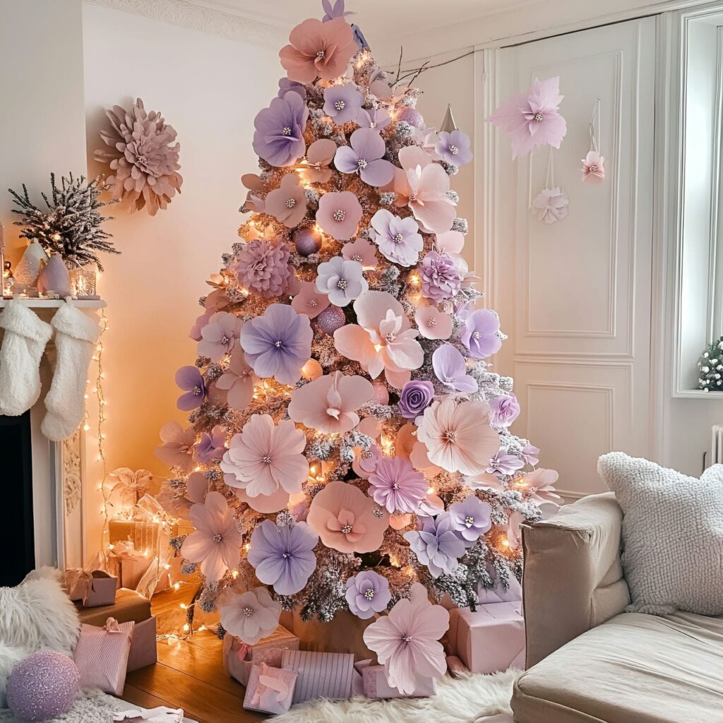 10. Pastel Floral Christmas Tree with Pink and Lavender Blossoms