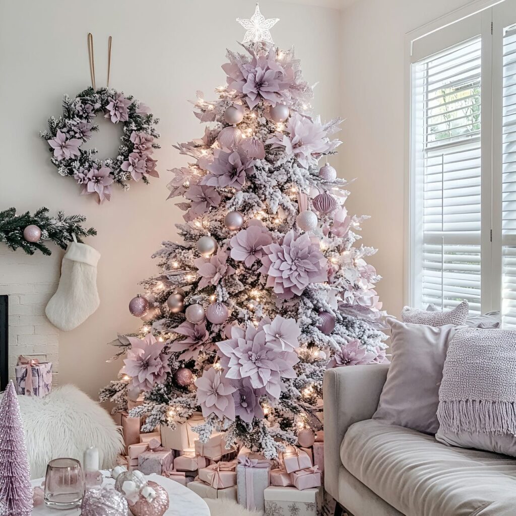 10. Pastel Floral Christmas Tree with Pink and Lavender Blossoms