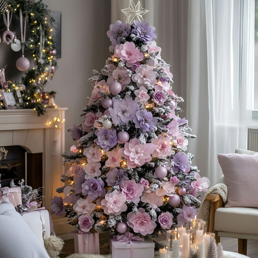 10. Pastel Floral Christmas Tree with Pink and Lavender Blossoms