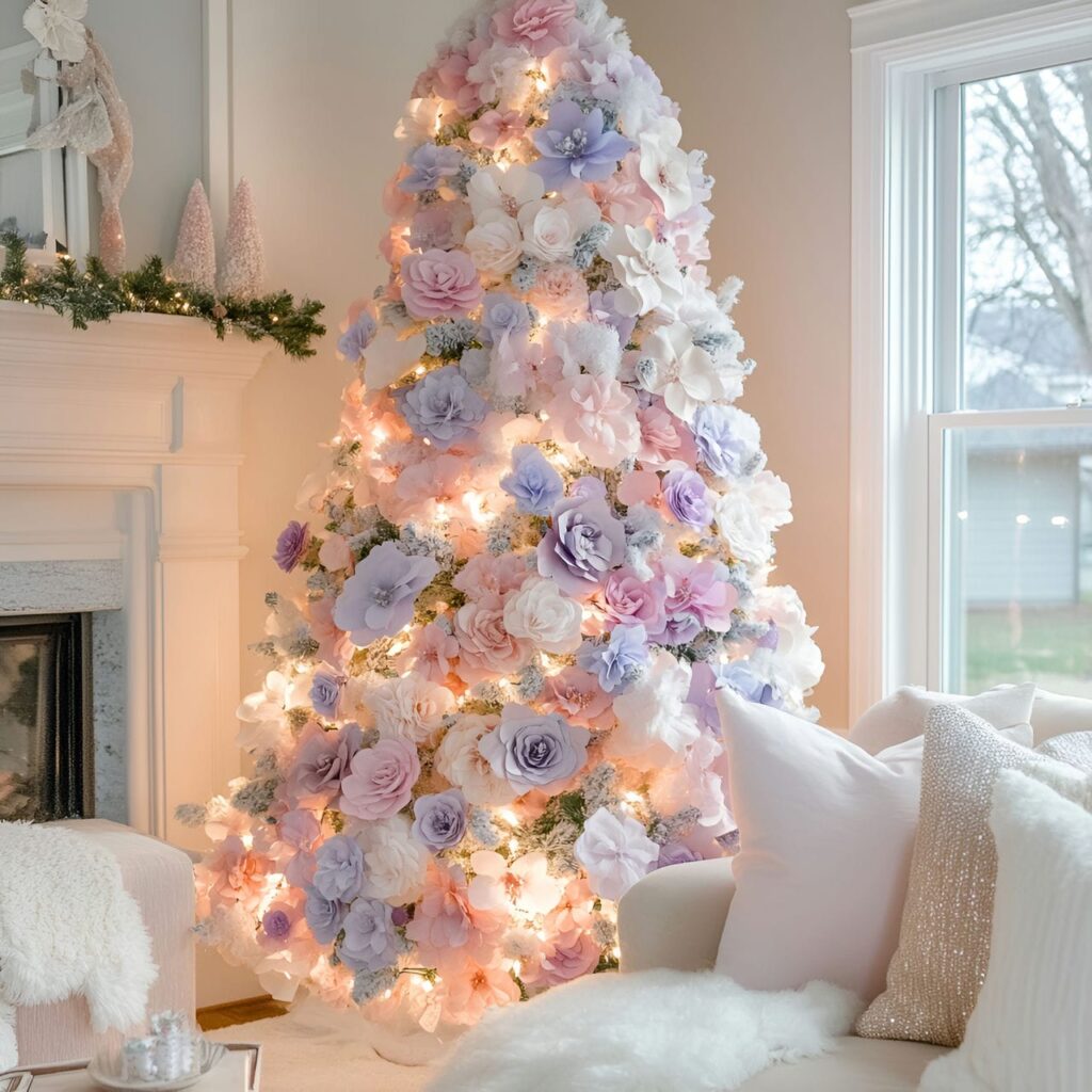 10. Pastel Floral Christmas Tree with Pink and Lavender Blossoms