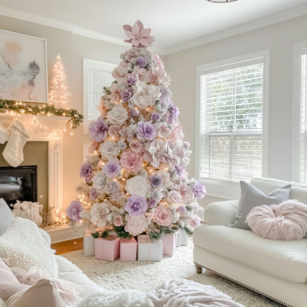 10. Pastel Floral Christmas Tree with Pink and Lavender Blossoms