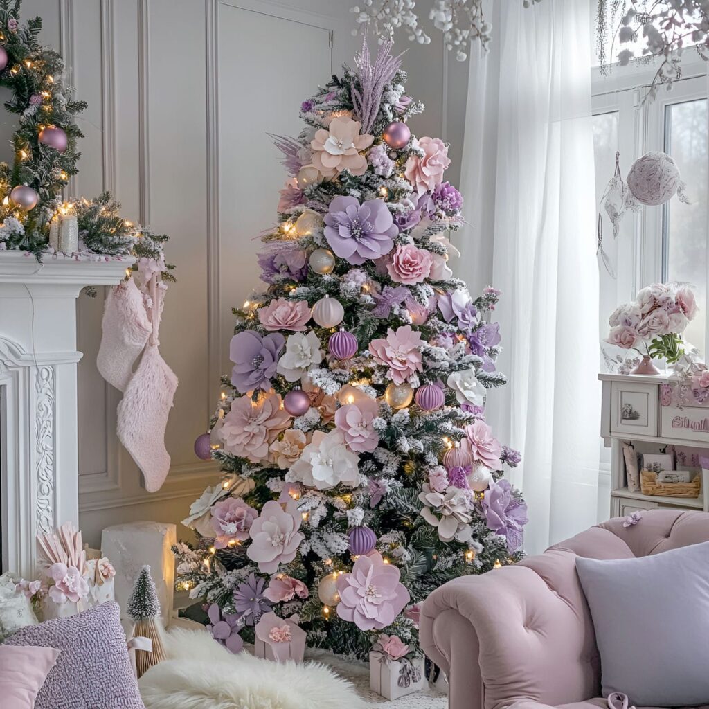 10. Pastel Floral Christmas Tree with Pink and Lavender Blossoms