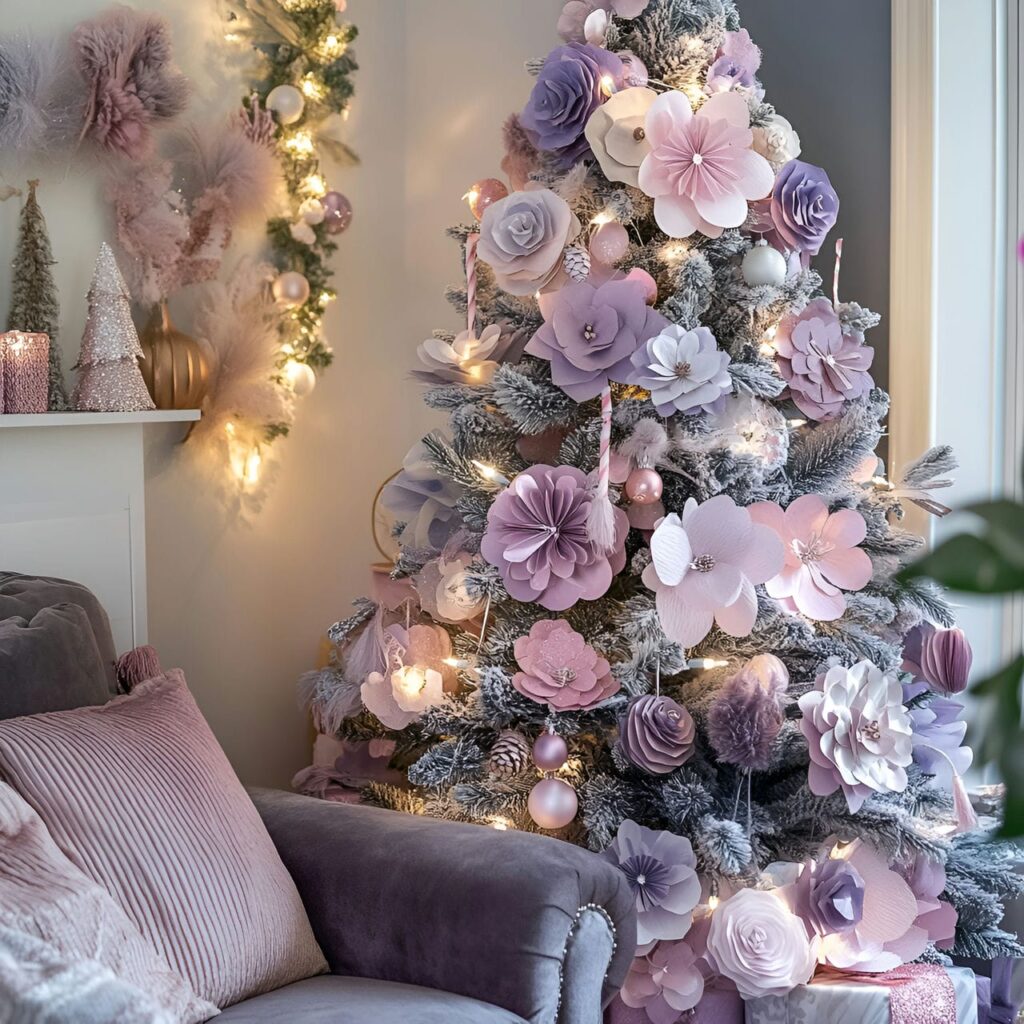 10. Pastel Floral Christmas Tree with Pink and Lavender Blossoms