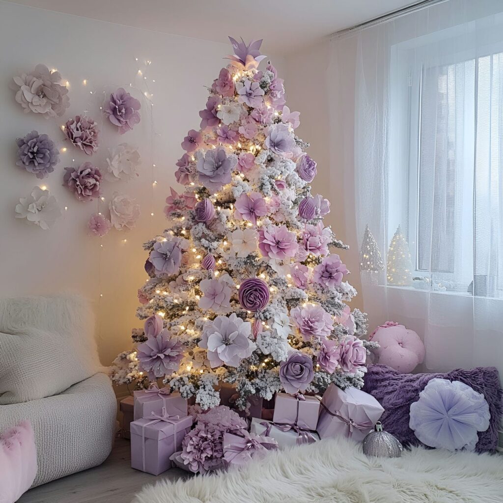 10. Pastel Floral Christmas Tree with Pink and Lavender Blossoms