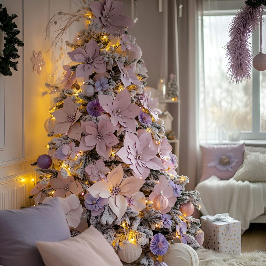 10. Pastel Floral Christmas Tree with Pink and Lavender Blossoms