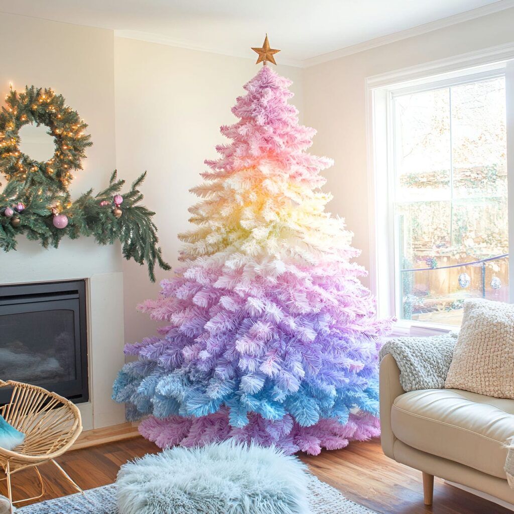 12. Pastel Rainbow Christmas Tree Extravaganza with Ombre Shades