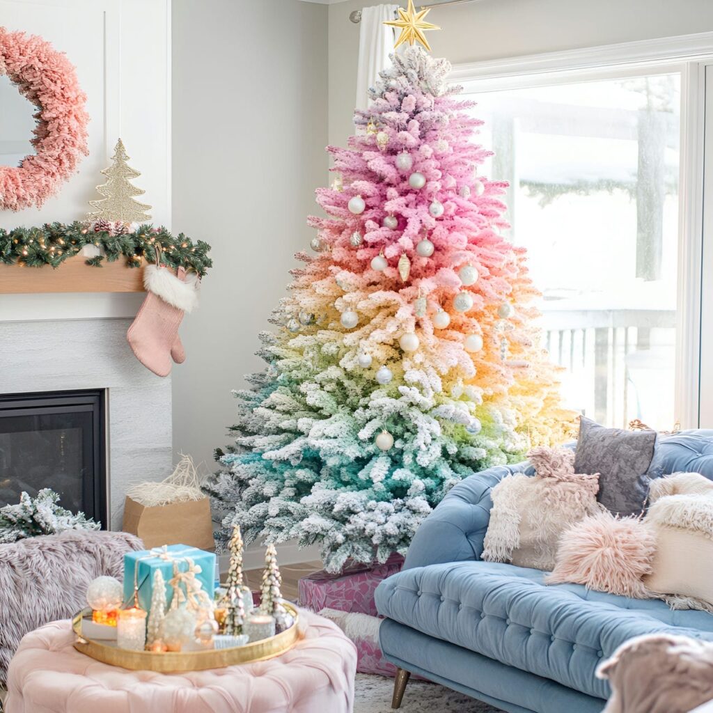 12. Pastel Rainbow Christmas Tree Extravaganza with Ombre Shades