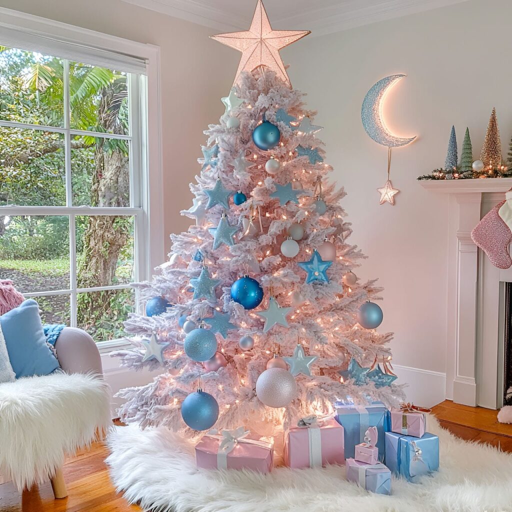 13. Pastel Stars and Moons Tree with Celestial-Themed Décor