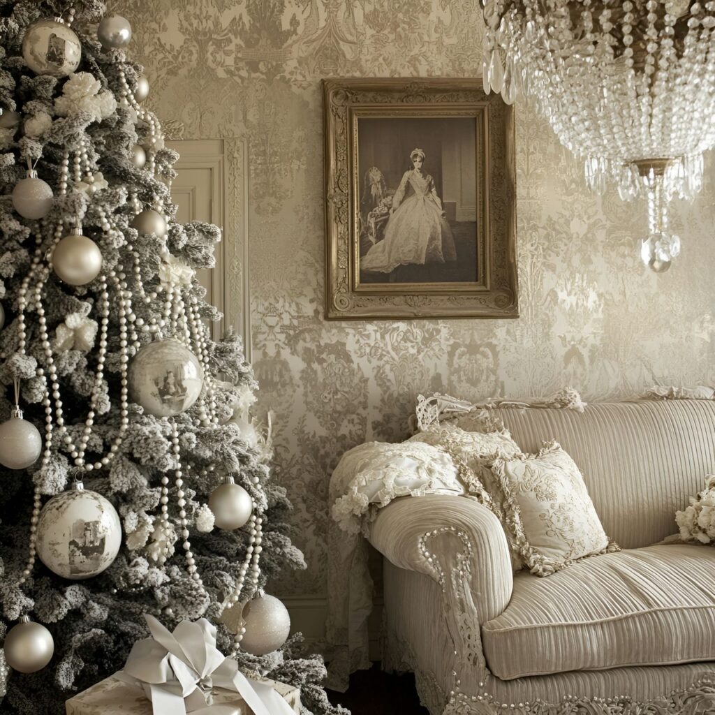 05. Pearl and Lace Vintage Tree with Sepia Photo Ornaments