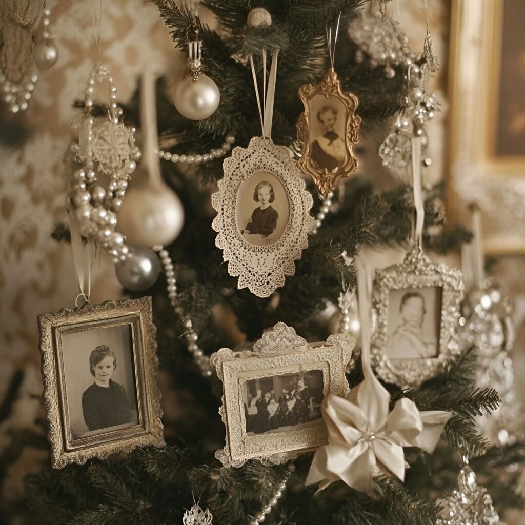 05. Pearl and Lace Vintage Tree with Sepia Photo Ornaments