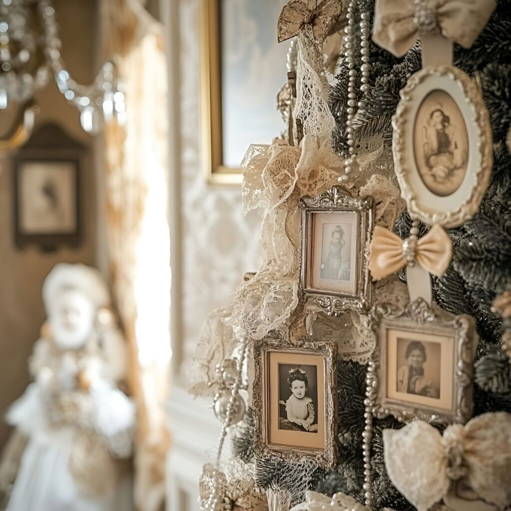 05. Pearl and Lace Vintage Tree with Sepia Photo Ornaments