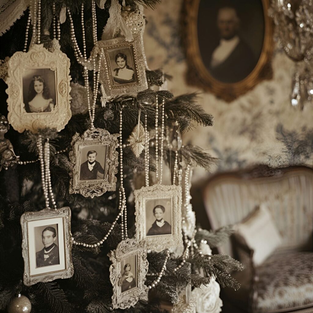 05. Pearl and Lace Vintage Tree with Sepia Photo Ornaments