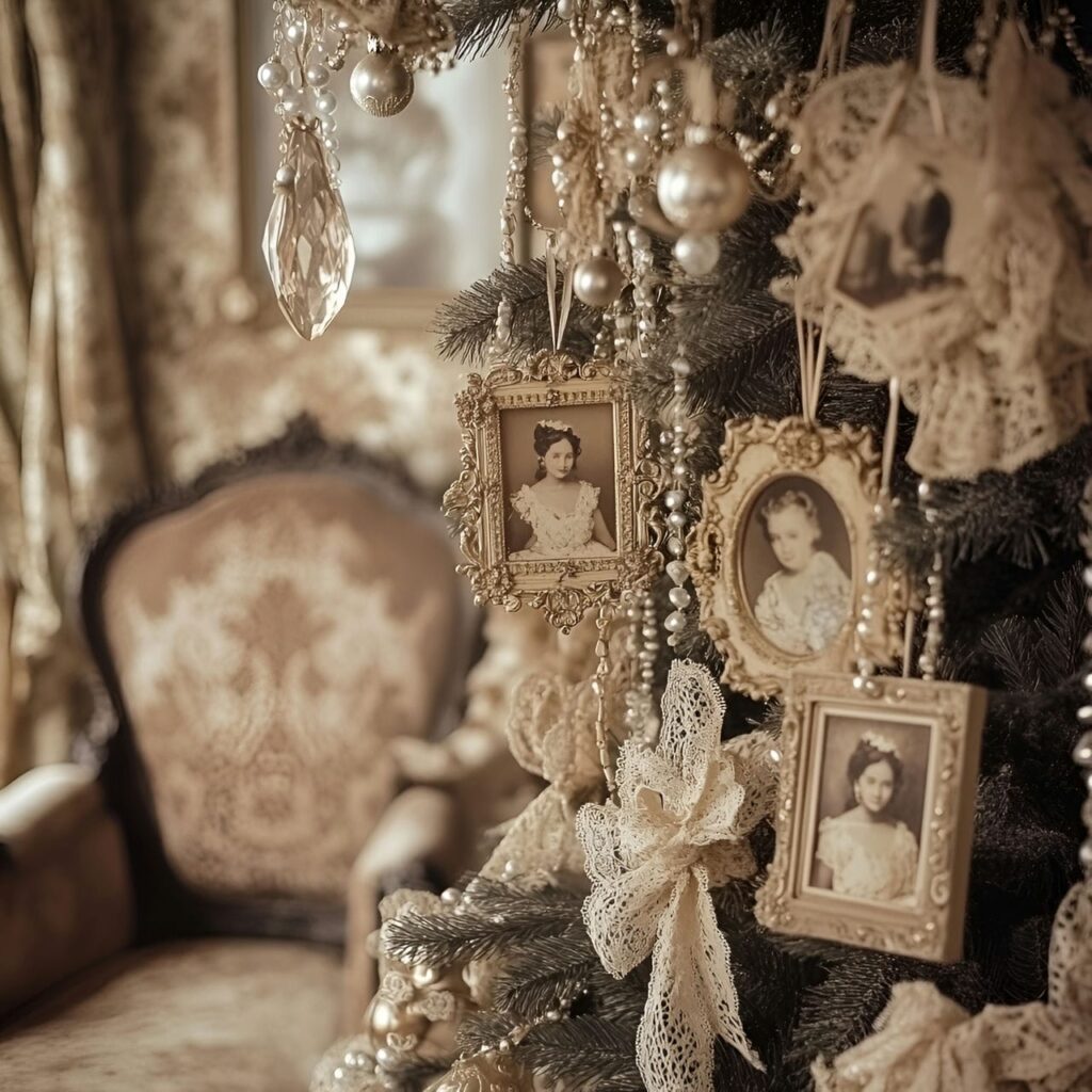 05. Pearl and Lace Vintage Tree with Sepia Photo Ornaments