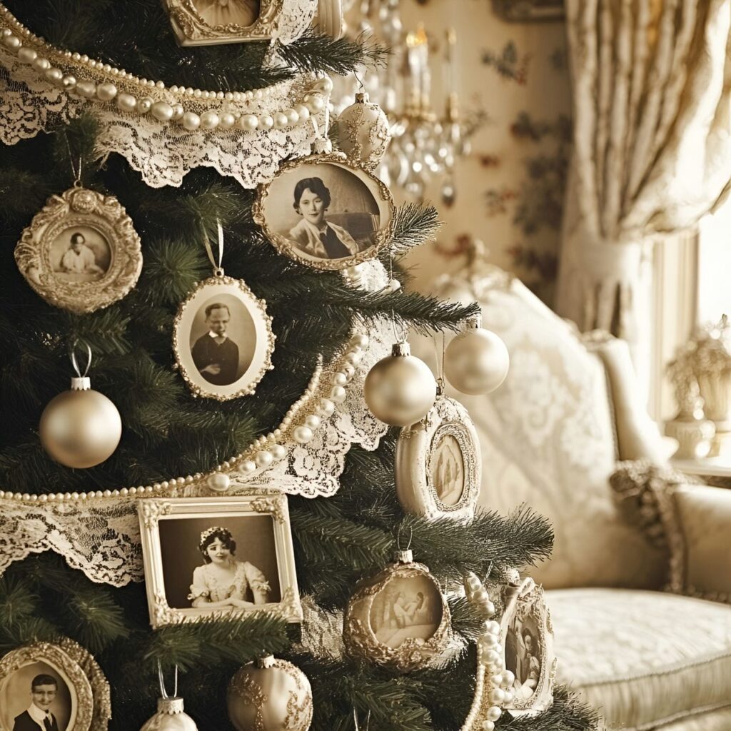 05. Pearl and Lace Vintage Tree with Sepia Photo Ornaments