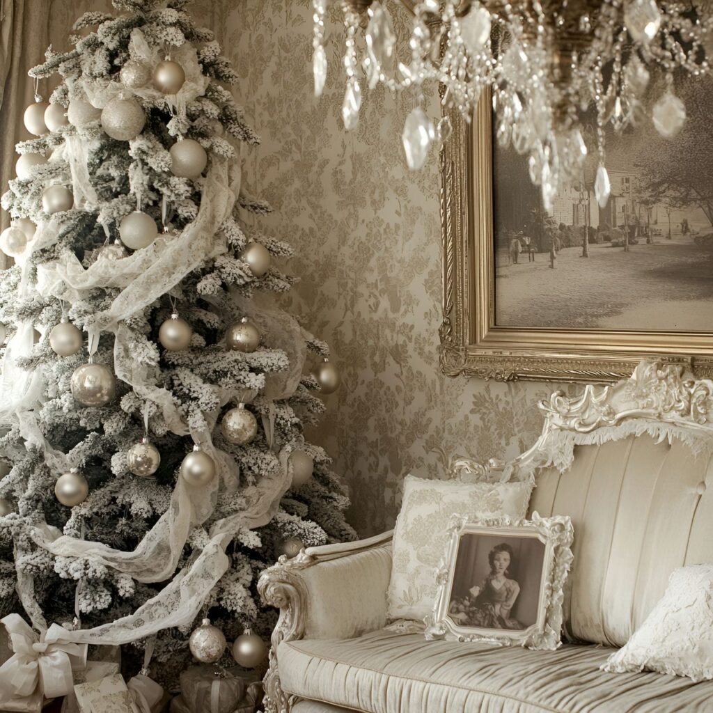 05. Pearl and Lace Vintage Tree with Sepia Photo Ornaments