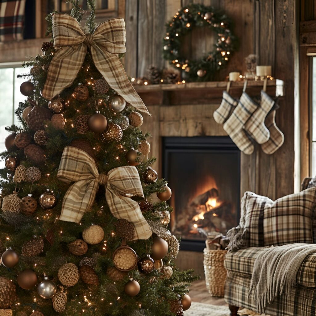 05. Plaid and Pine Tree with Jute Baubles and Acorn Ornaments