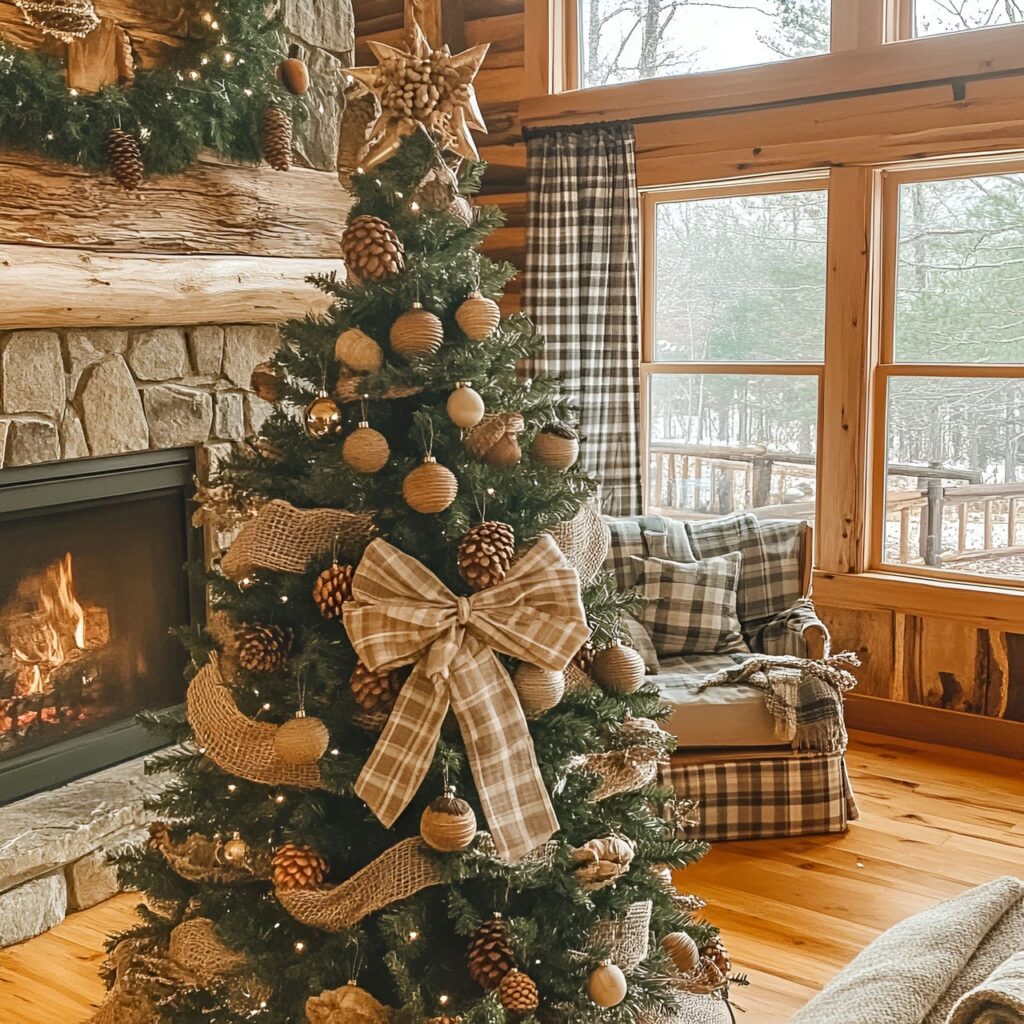 05. Plaid and Pine Tree with Jute Baubles and Acorn Ornaments