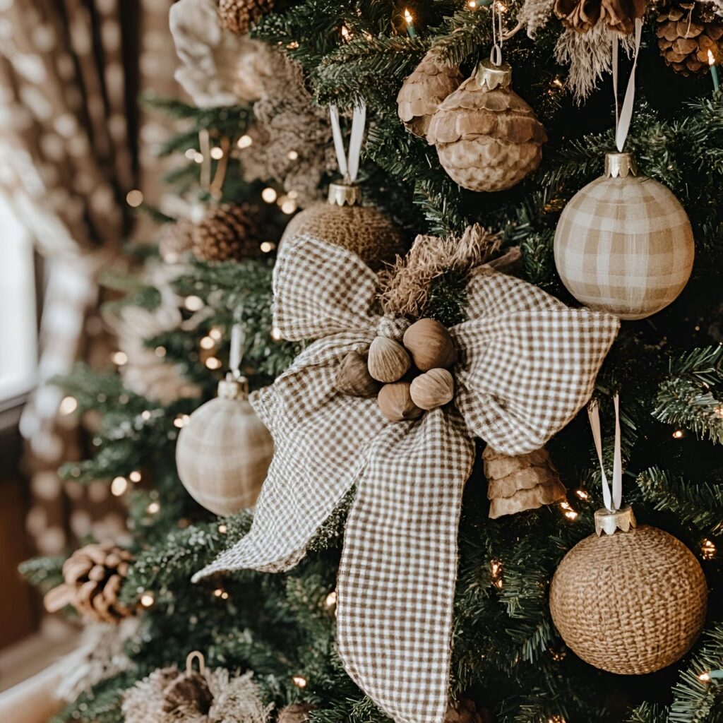 05. Plaid and Pine Tree with Jute Baubles and Acorn Ornaments