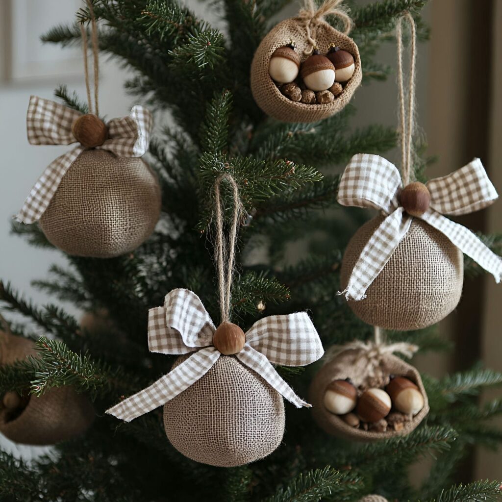 05. Plaid and Pine Tree with Jute Baubles and Acorn Ornaments