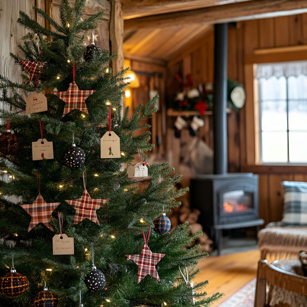 16. Plaid Paper Star Tree with Handmade Stars and Plaid Garlands