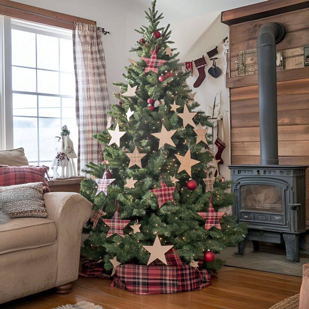 16. Plaid Paper Star Tree with Handmade Stars and Plaid Garlands