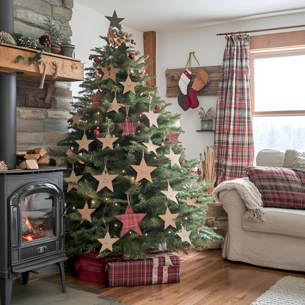 16. Plaid Paper Star Tree with Handmade Stars and Plaid Garlands