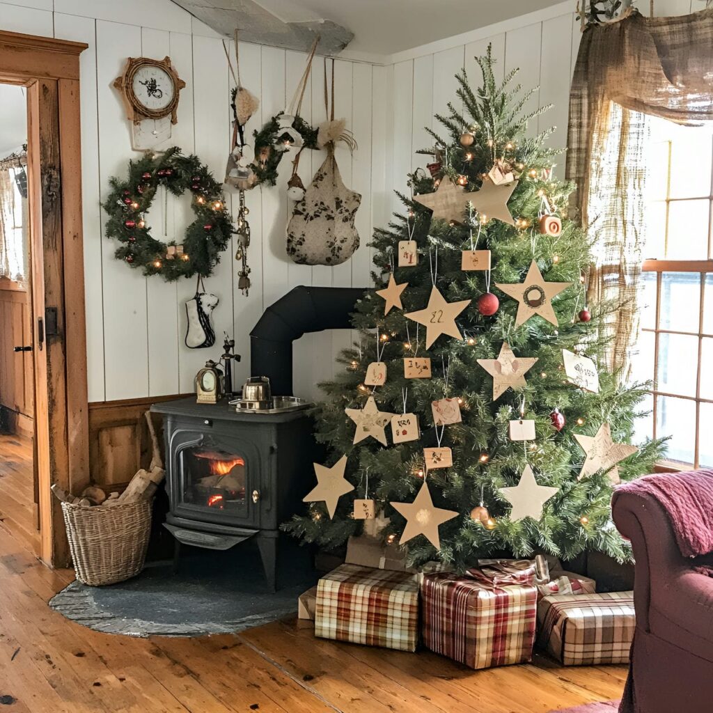 16. Plaid Paper Star Tree with Handmade Stars and Plaid Garlands