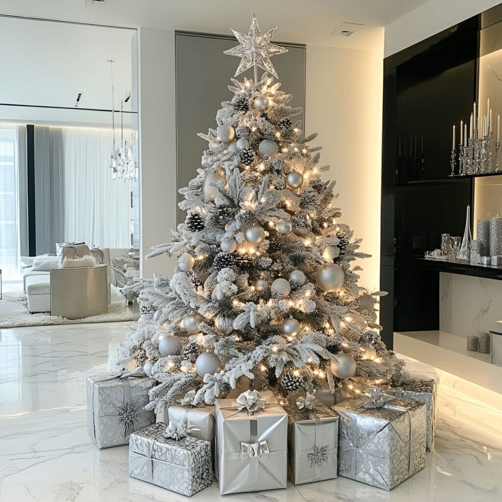 04. Platinum Luxury Tree with Frosted Pinecones & Crystal Star