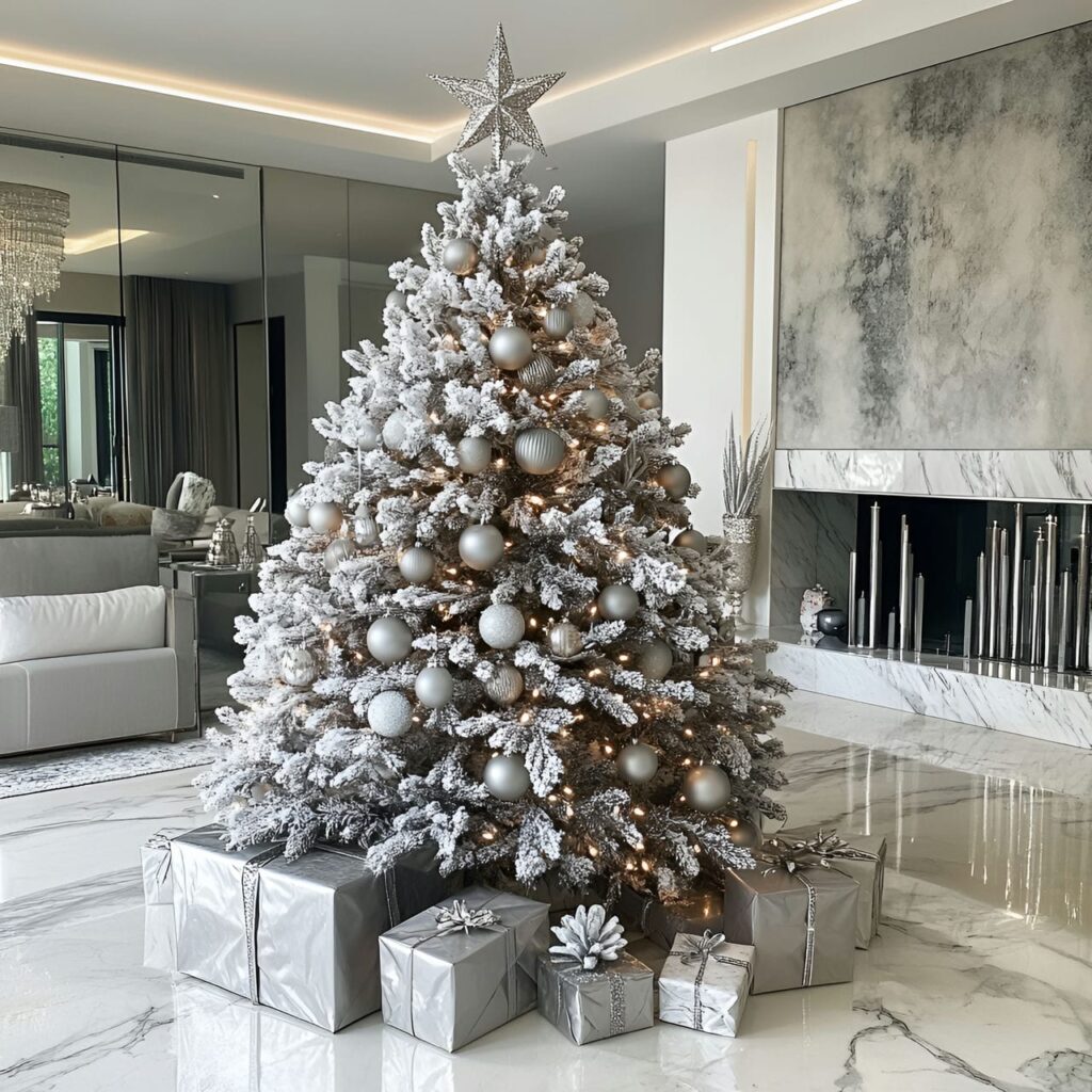 04. Platinum Luxury Tree with Frosted Pinecones & Crystal Star