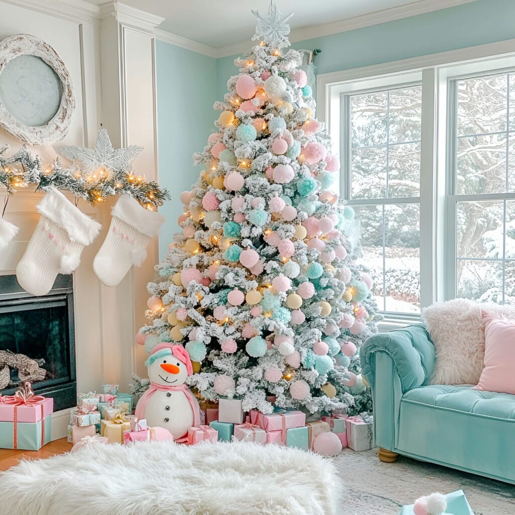 14. Playful Pastel Pompom Tree Delight with Colorful Pompons