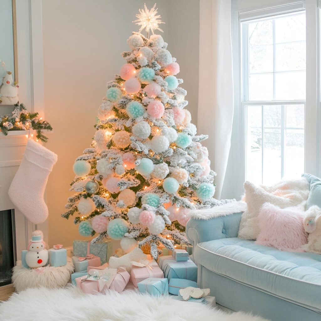 14. Playful Pastel Pompom Tree Delight with Colorful Pompons