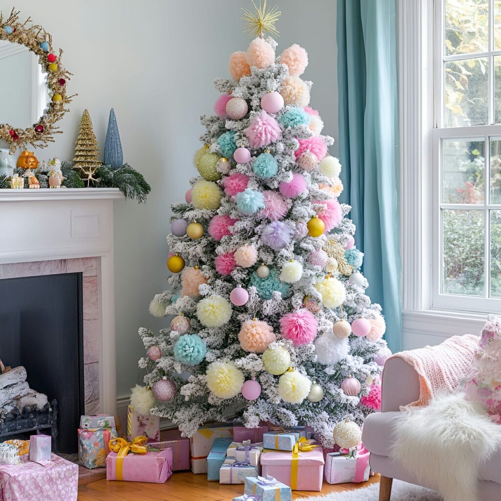 14. Playful Pastel Pompom Tree Delight with Colorful Pompons