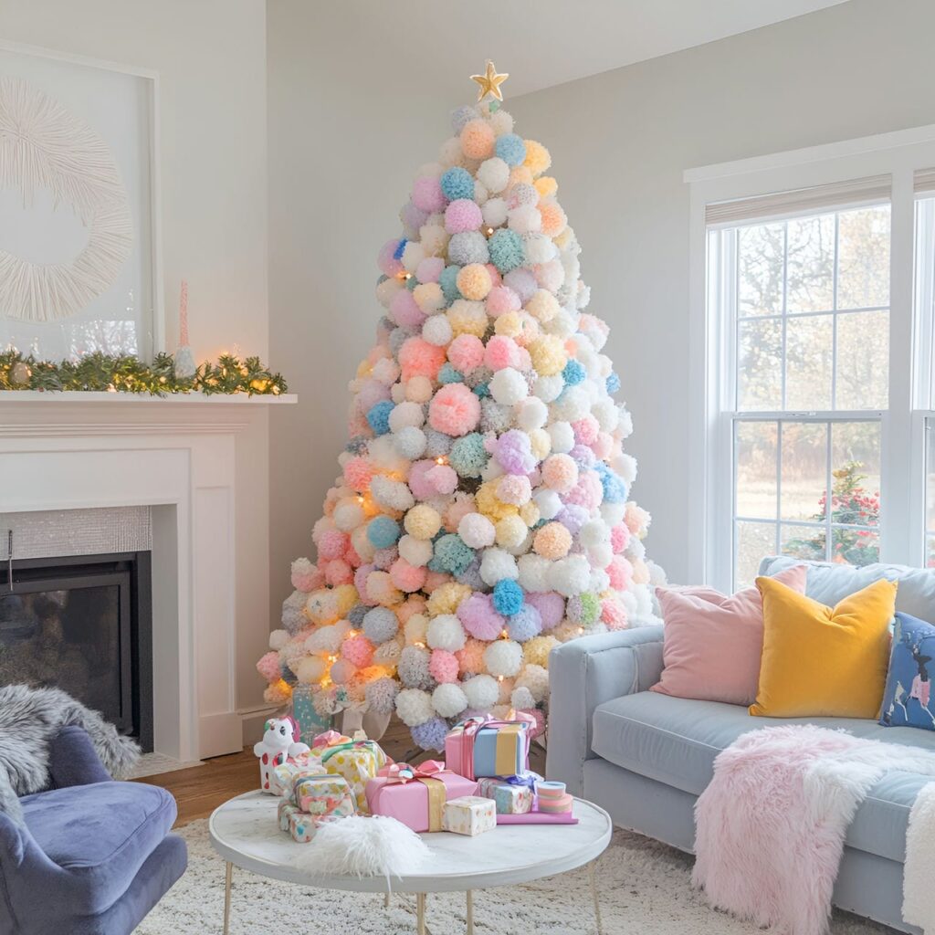 14. Playful Pastel Pompom Tree Delight with Colorful Pompons