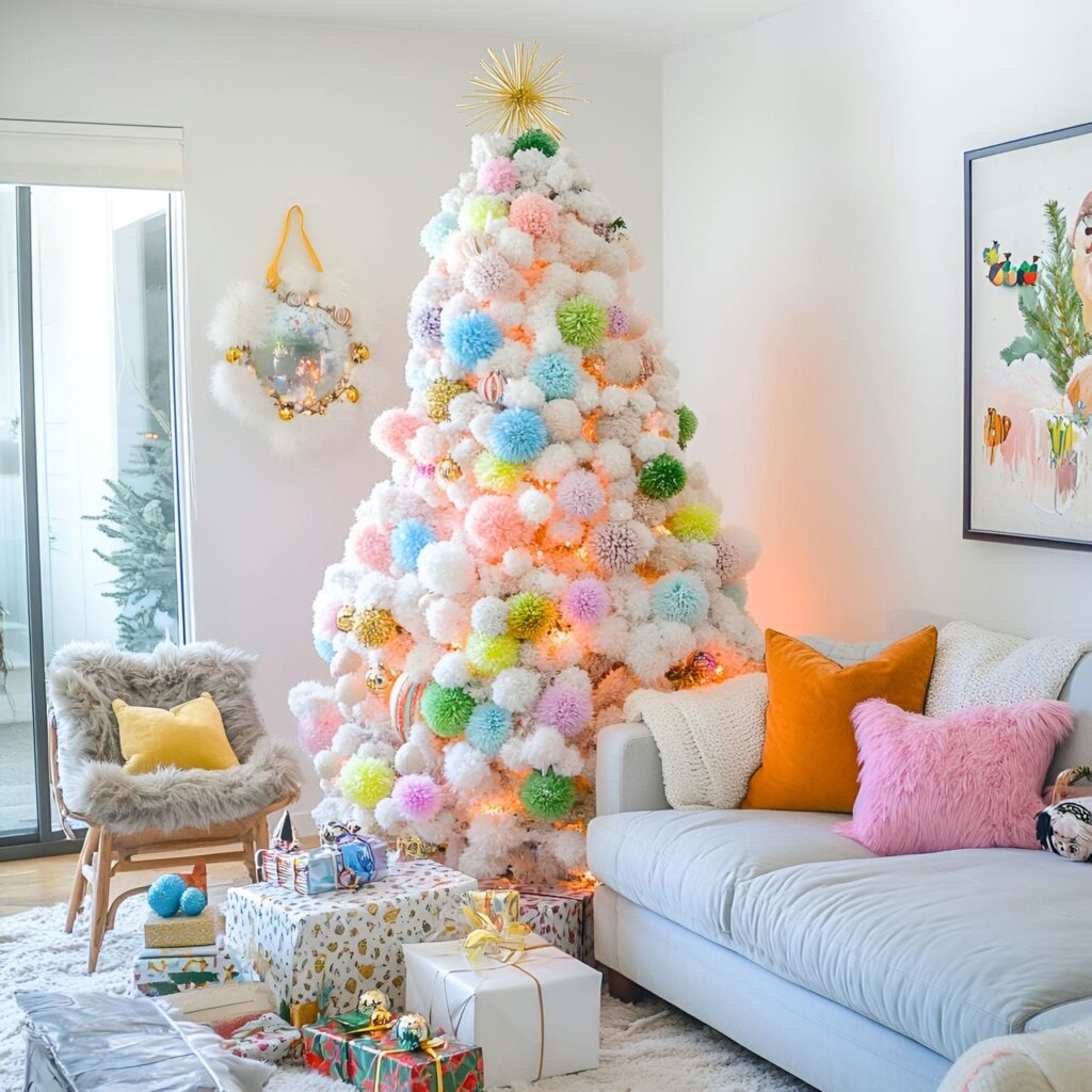 14. Playful Pastel Pompom Tree Delight with Colorful Pompons