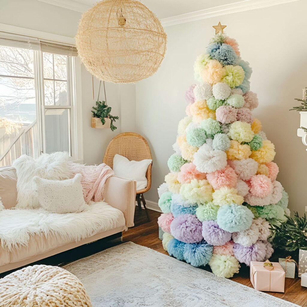 14. Playful Pastel Pompom Tree Delight with Colorful Pompons