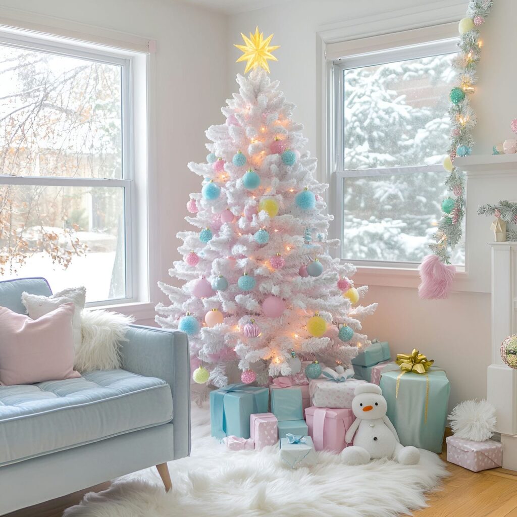 14. Playful Pastel Pompom Tree Delight with Colorful Pompons