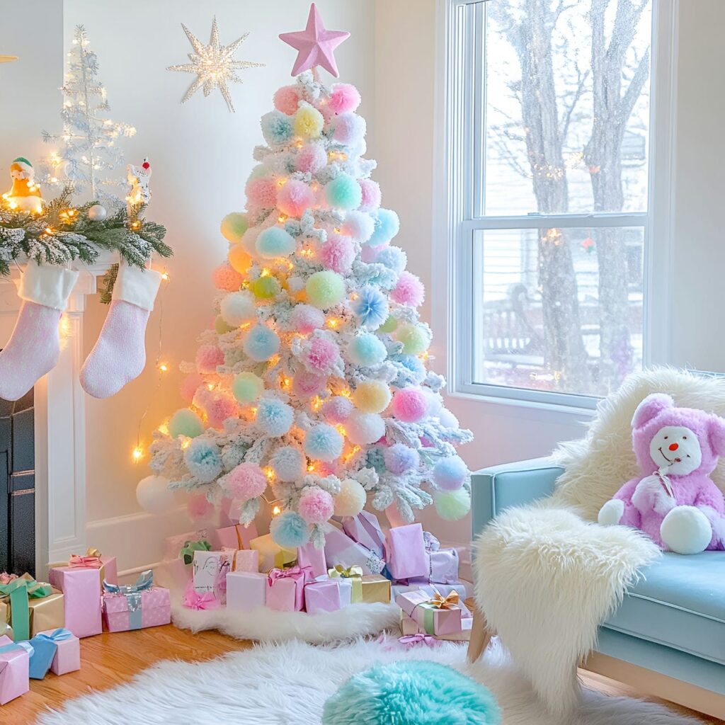 14. Playful Pastel Pompom Tree Delight with Colorful Pompons