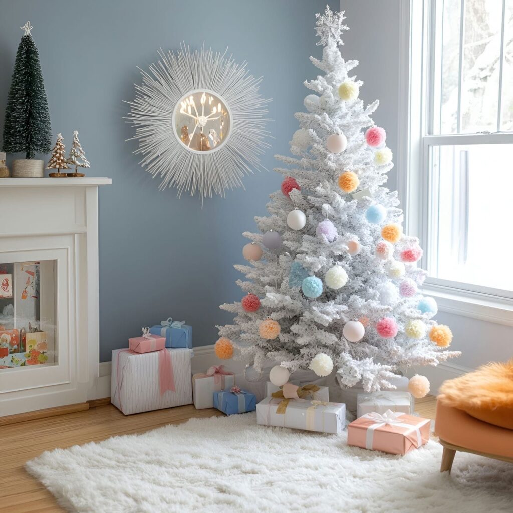 14. Playful Pastel Pompom Tree Delight with Colorful Pompons