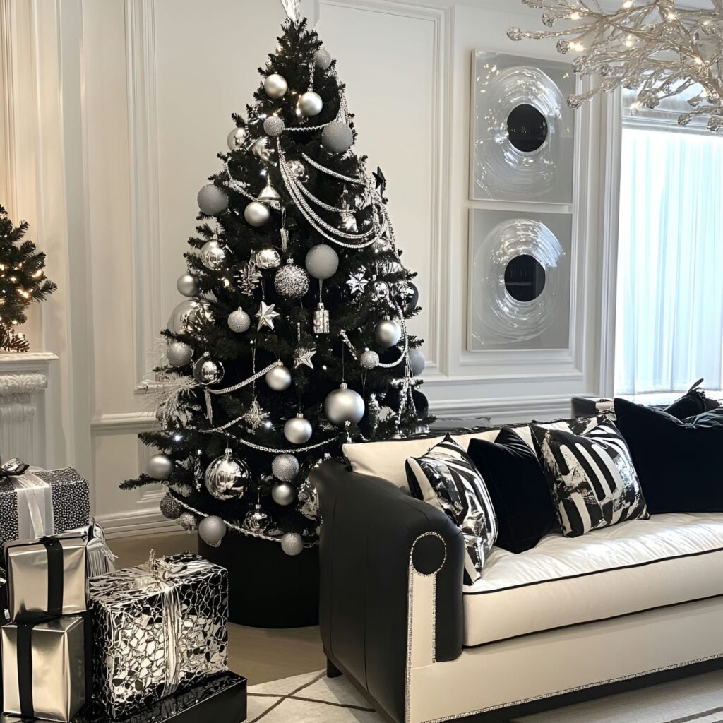 07. Prada Christmas Tree with Black, White, and Silver Ornaments