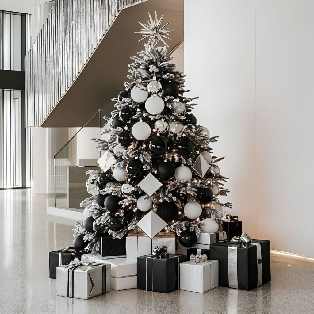 07. Prada Christmas Tree with Black, White, and Silver Ornaments