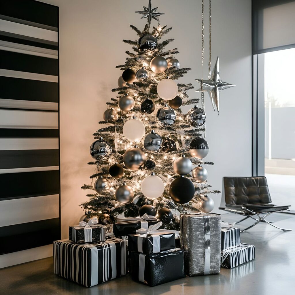 07. Prada Christmas Tree with Black, White, and Silver Ornaments