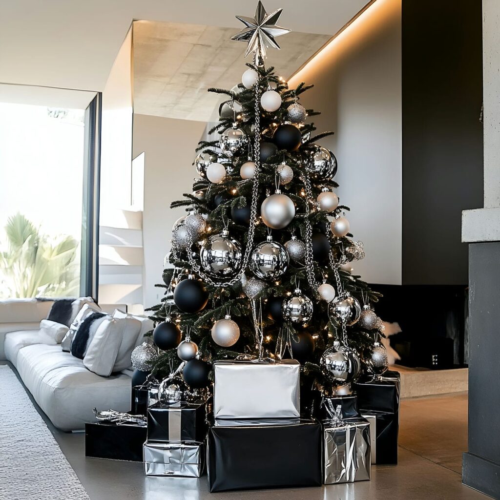 07. Prada Christmas Tree with Black, White, and Silver Ornaments