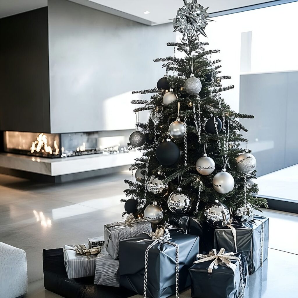 07. Prada Christmas Tree with Black, White, and Silver Ornaments