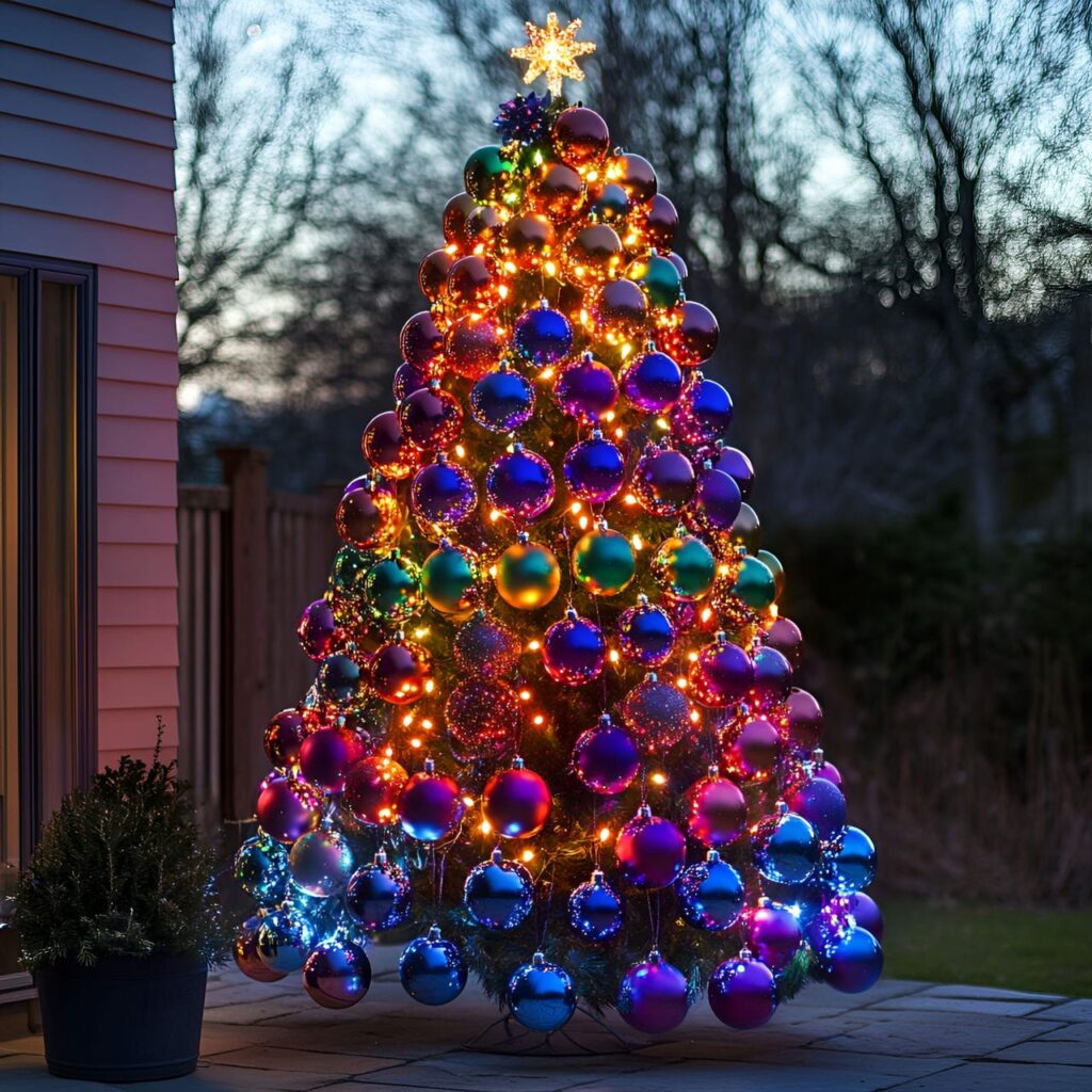 15. Rainbow Glitter Christmas Tree with Sparkling Ornaments