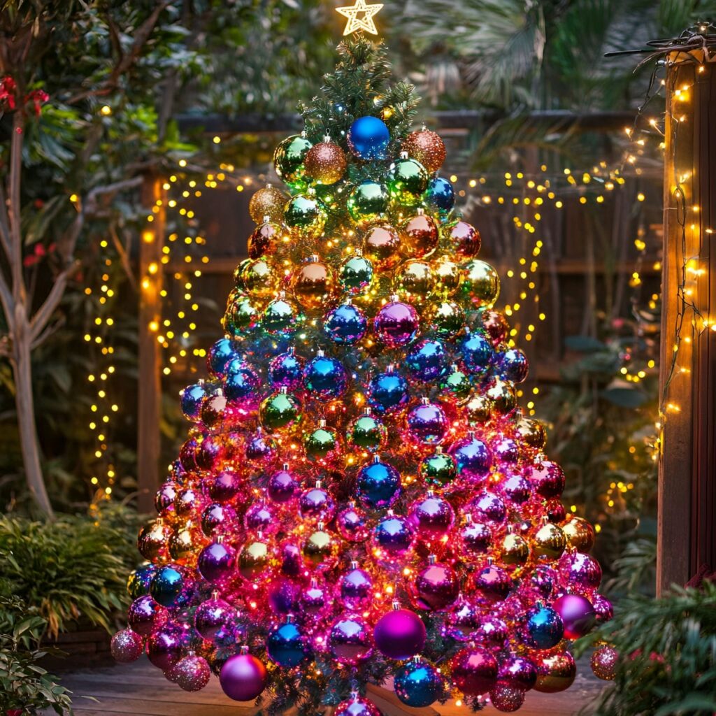 15. Rainbow Glitter Christmas Tree with Sparkling Ornaments