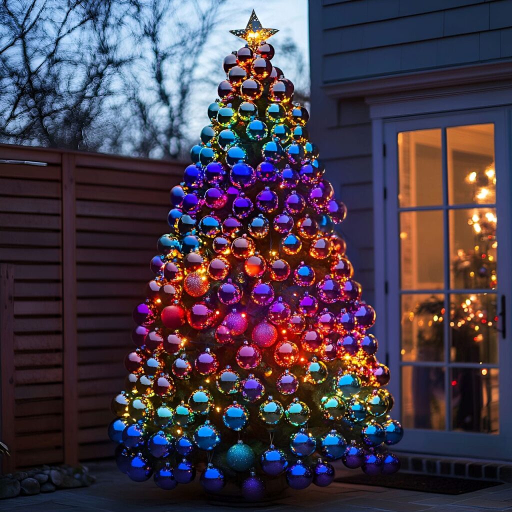 15. Rainbow Glitter Christmas Tree with Sparkling Ornaments