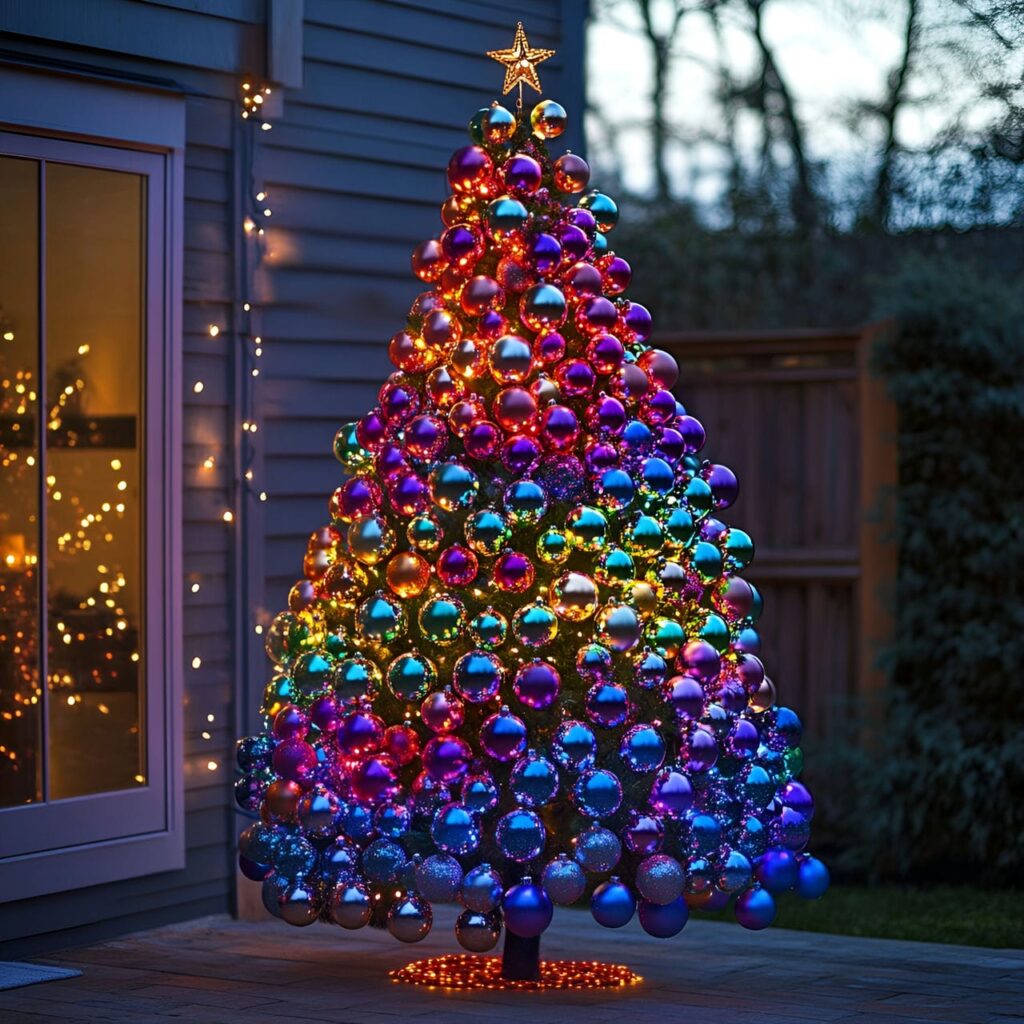 15. Rainbow Glitter Christmas Tree with Sparkling Ornaments