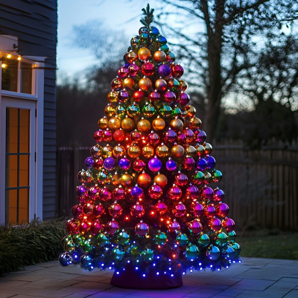 15. Rainbow Glitter Christmas Tree with Sparkling Ornaments